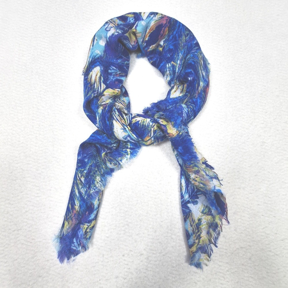 Blue Peacock Feather Print Scarf Womens OS Fringed Lightweight Wrap